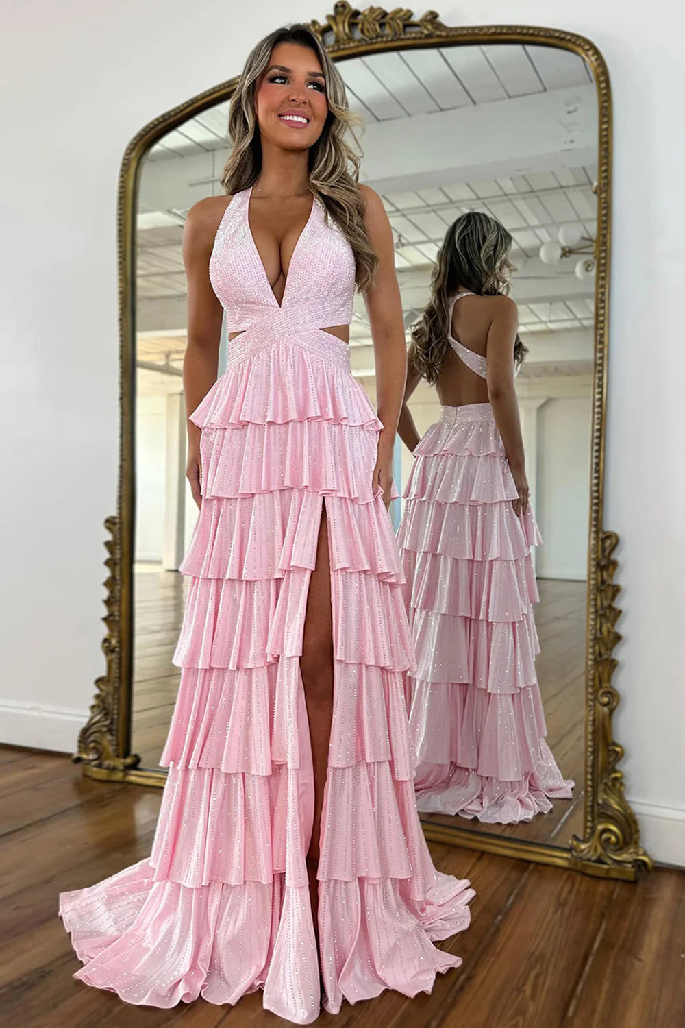 Glamorous Halter Neck Beaded Tiered Ruffled Maxi Prom Dress with Cutout and Open Back