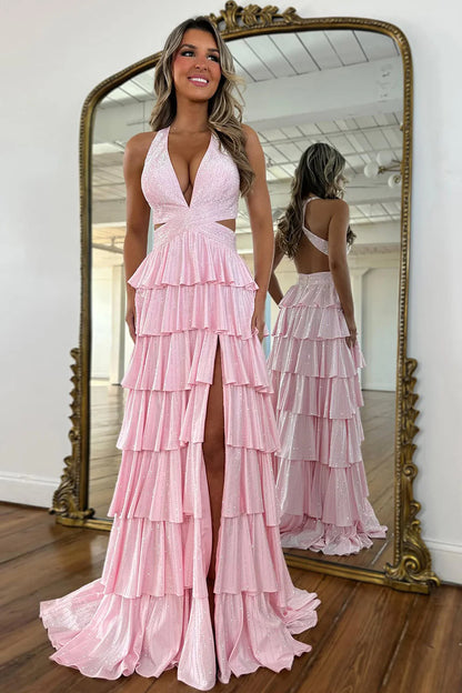 Glamorous Halter Neck Beaded Tiered Ruffled Maxi Prom Dress with Cutout and Open Back