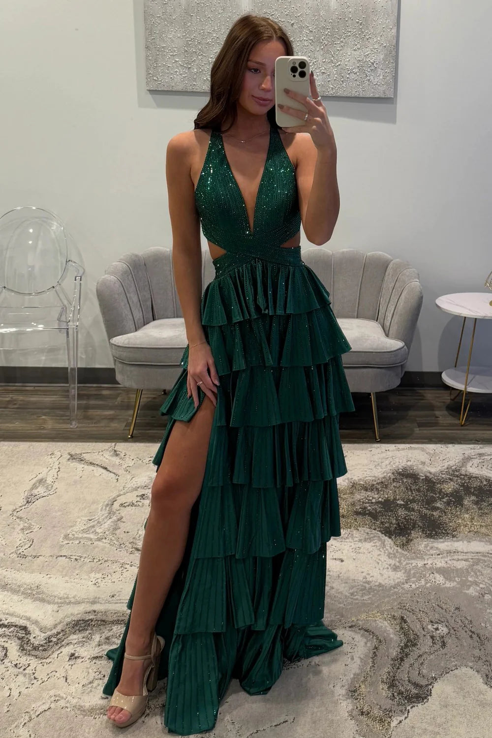 Glamorous Halter Neck Beaded Tiered Ruffled Maxi Prom Dress with Cutout and Open Back