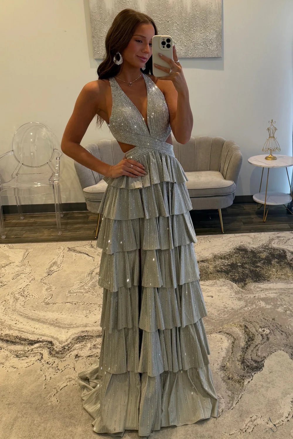 Glamorous Halter Neck Beaded Tiered Ruffled Maxi Prom Dress with Cutout and Open Back