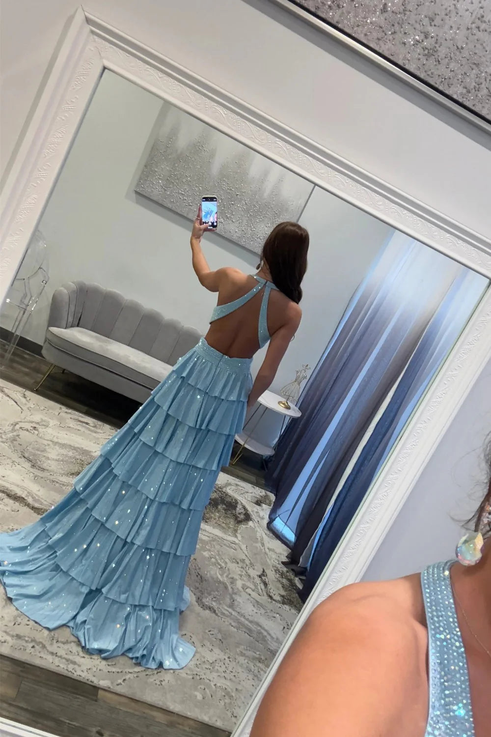 Glamorous Halter Neck Beaded Tiered Ruffled Maxi Prom Dress with Cutout and Open Back