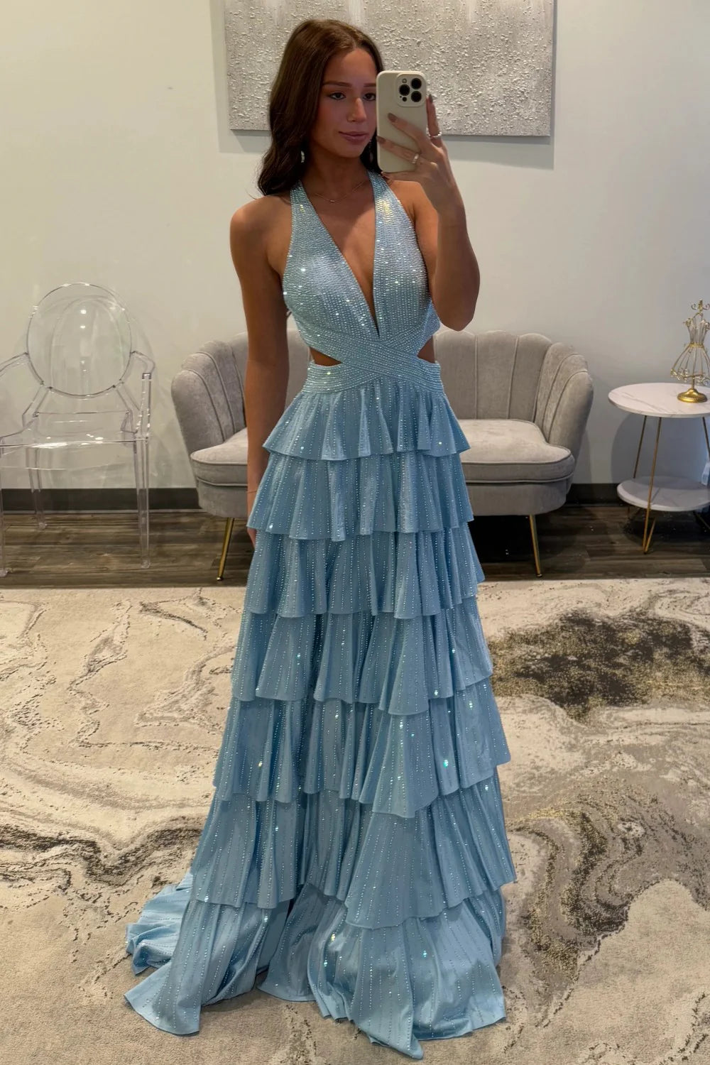 Glamorous Halter Neck Beaded Tiered Ruffled Maxi Prom Dress with Cutout and Open Back