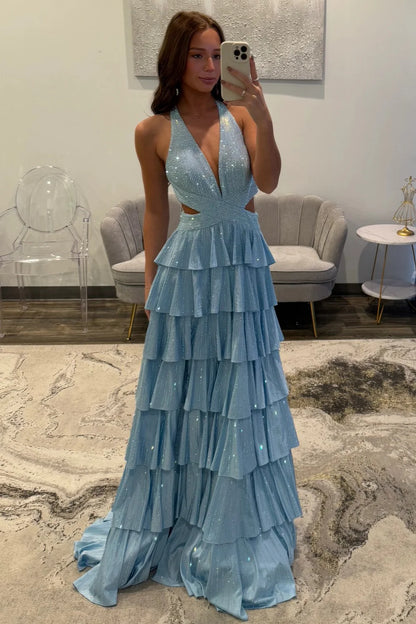 Glamorous Halter Neck Beaded Tiered Ruffled Maxi Prom Dress with Cutout and Open Back