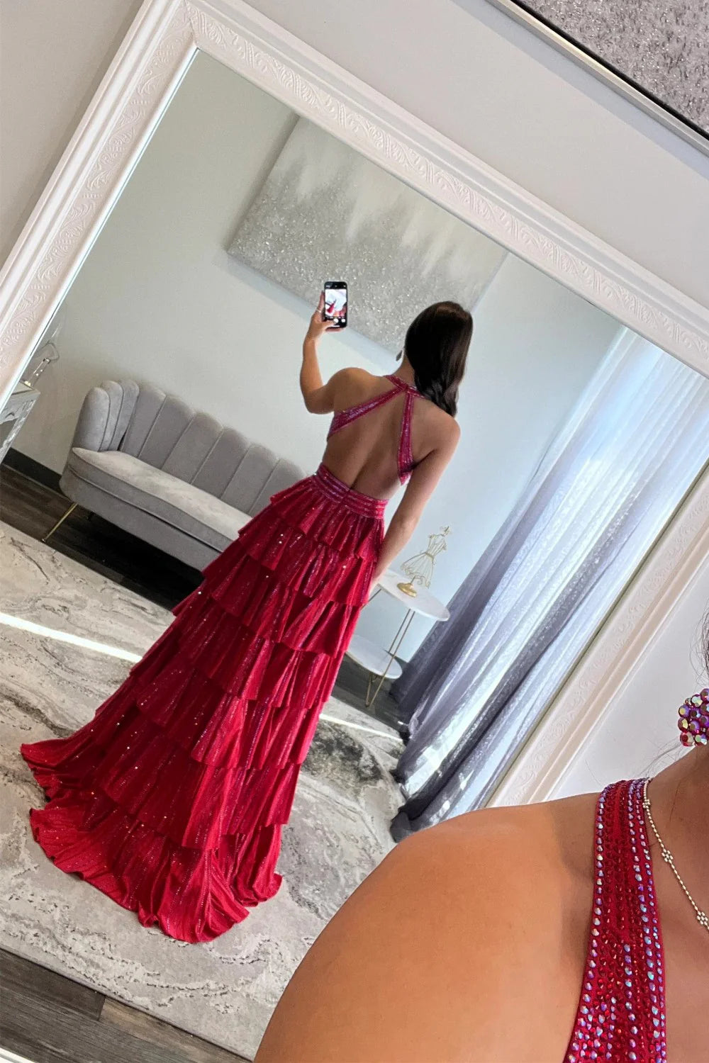 Glamorous Halter Neck Beaded Tiered Ruffled Maxi Prom Dress with Cutout and Open Back