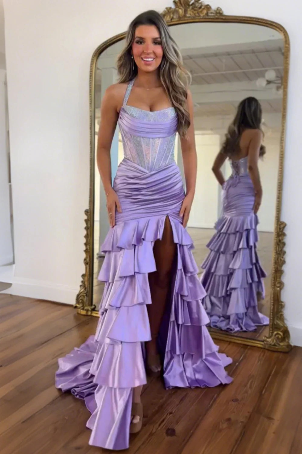 Glamorous Halter Neck Corset Bodice Ruched Satin Ruffled Mermaid Prom Dress with High Slit and Sweep Train