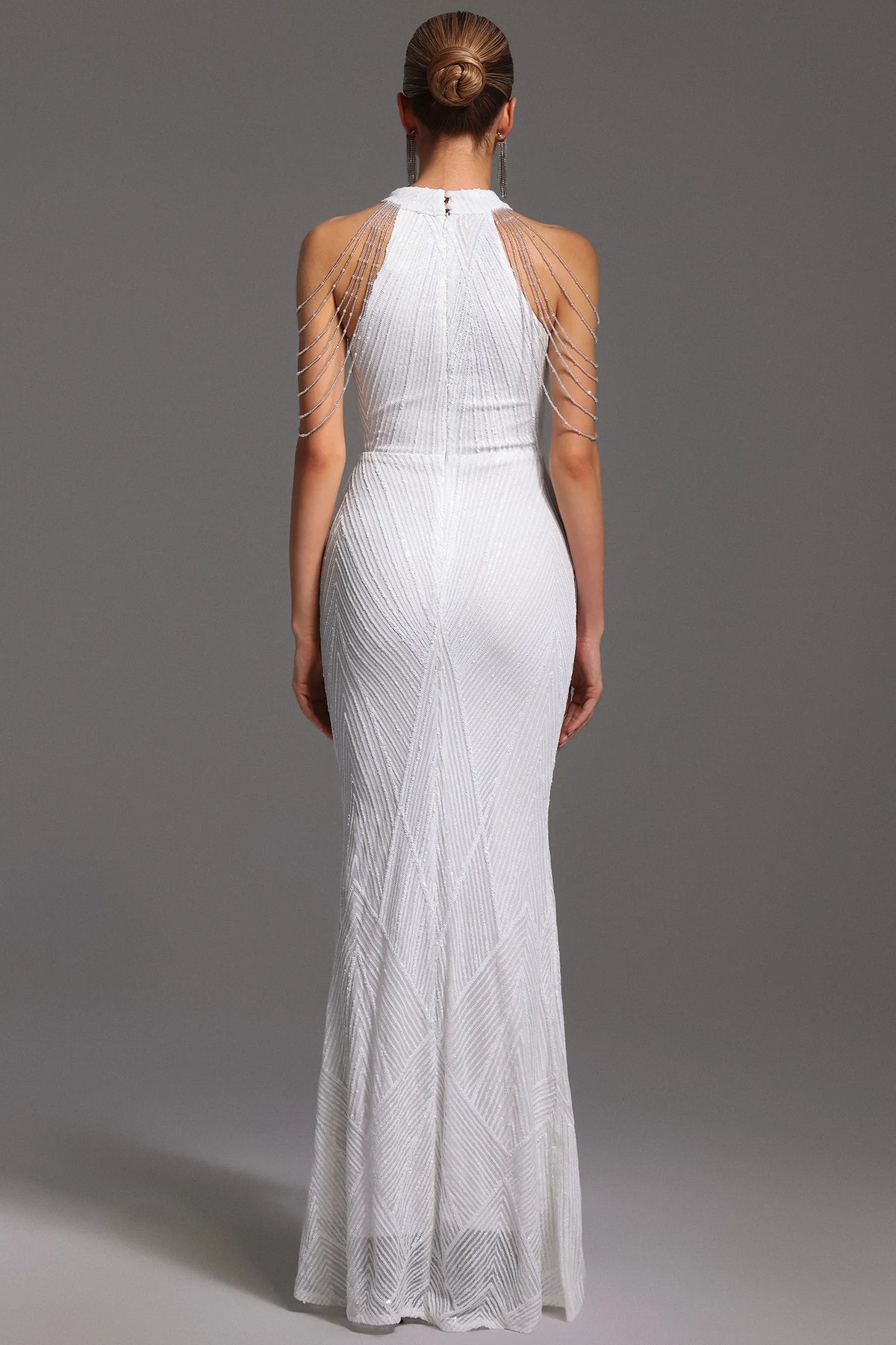 Glamorous Ivory Halter with Crystal Chain Detail, Chevron Sequin Bodice and Mermaid Evening Dress