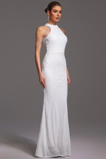 Glamorous Ivory Halter with Crystal Chain Detail, Chevron Sequin Bodice and Mermaid Evening Dress