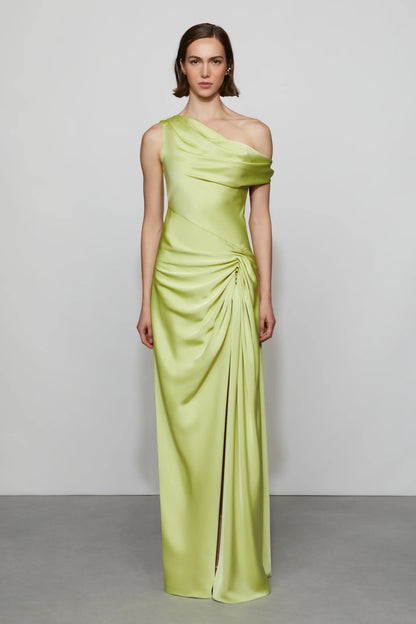 Glamorous Lime Green Satin Asymmetrical One-Shoulder Draped Ruched Detail Floor-Length Evening Dress