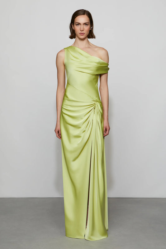 Glamorous Lime Green Satin Asymmetrical One-Shoulder Draped Ruched Detail Floor-Length Evening Dress