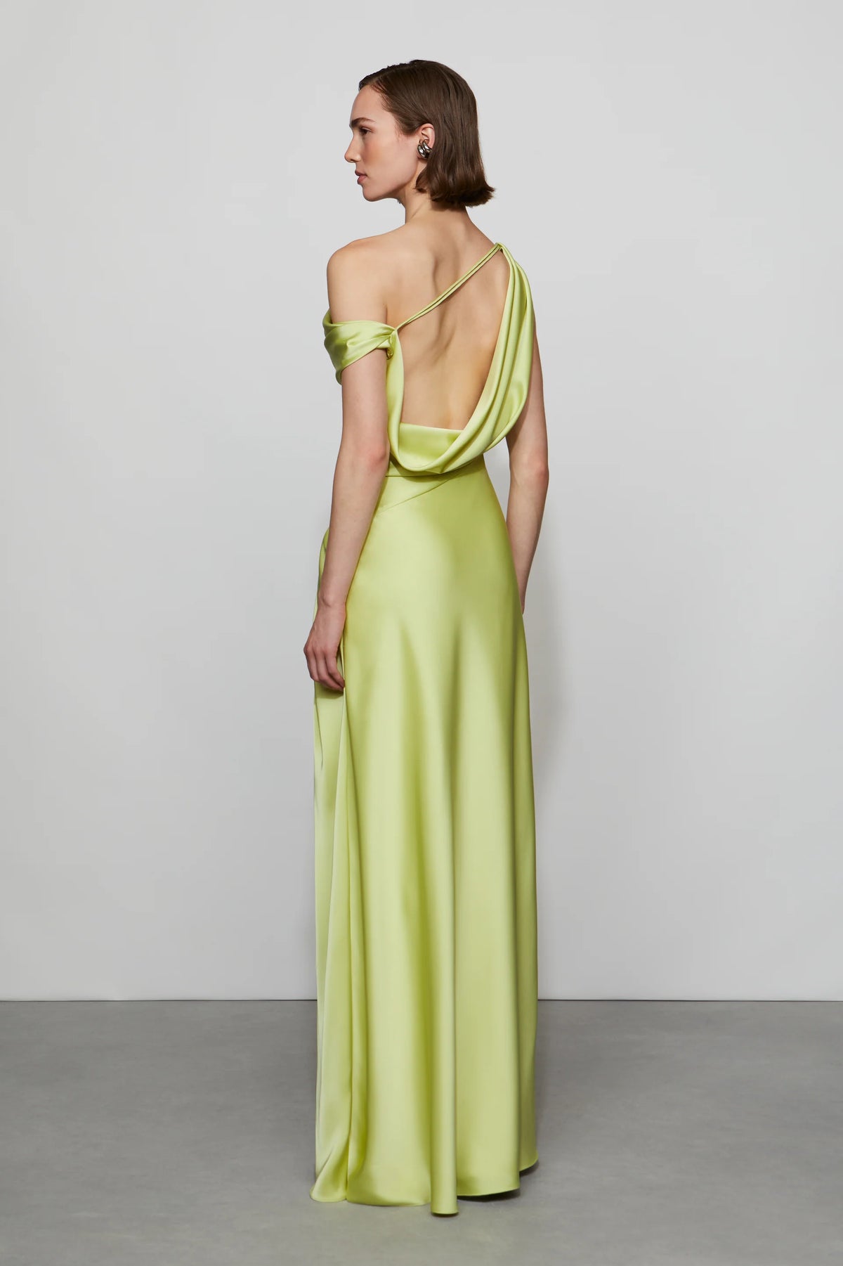 Glamorous Lime Green Satin Asymmetrical One-Shoulder Draped Ruched Detail Floor-Length Evening Dress