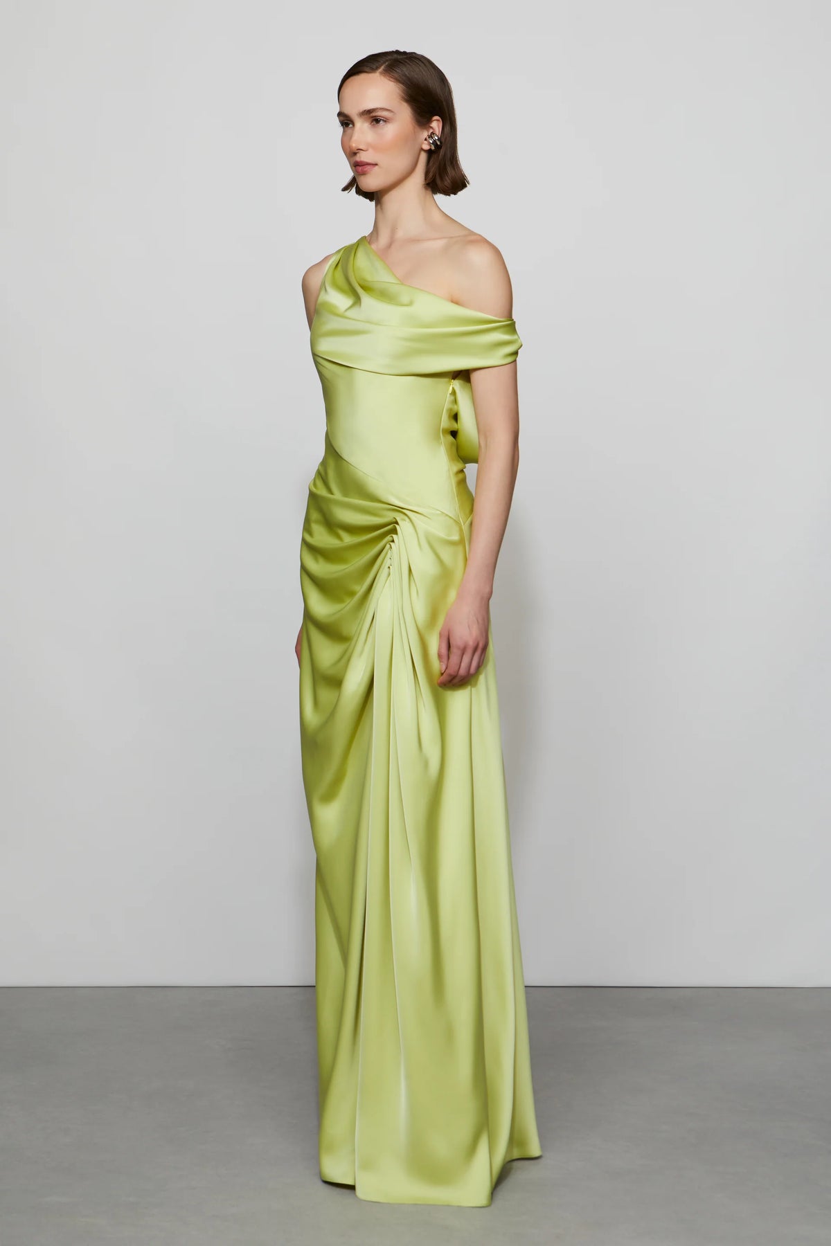 Glamorous Lime Green Satin Asymmetrical One-Shoulder Draped Ruched Detail Floor-Length Evening Dress