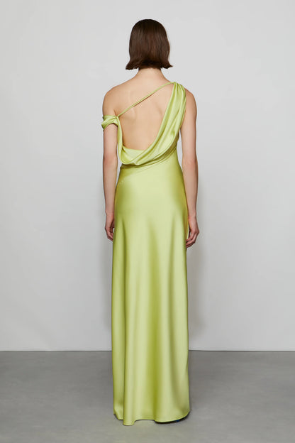Glamorous Lime Green Satin Asymmetrical One-Shoulder Draped Ruched Detail Floor-Length Evening Dress
