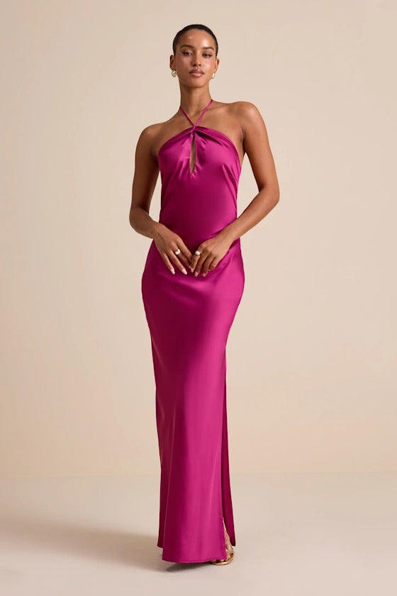 Glamorous Magenta Satin Halter Keyhole Bridesmaid Dress