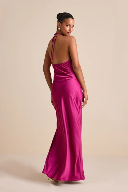 Glamorous Magenta Satin Halter Keyhole Bridesmaid Dress