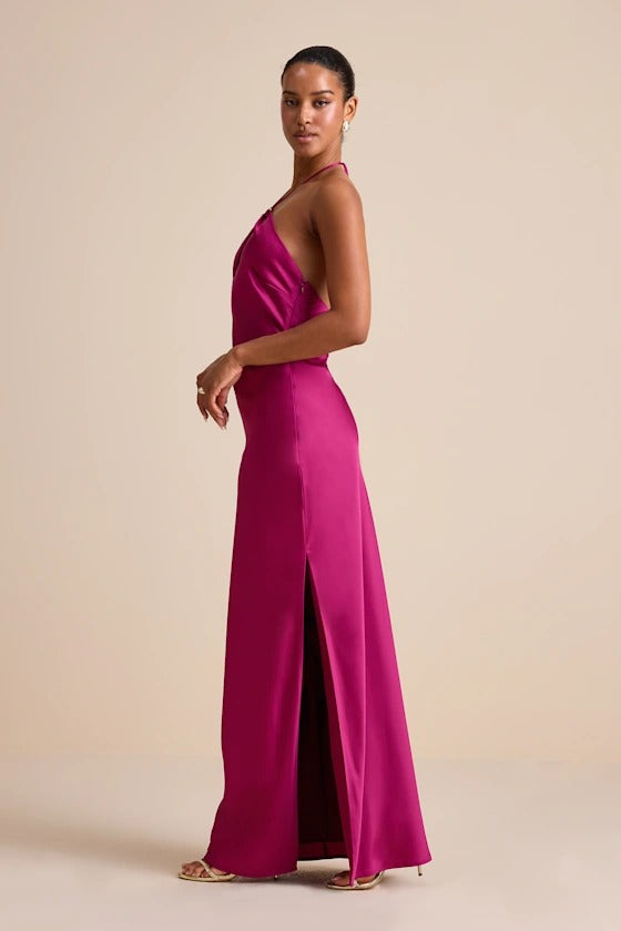 Glamorous Magenta Satin Halter Keyhole Bridesmaid Dress