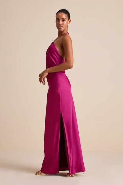 Glamorous Magenta Satin Halter Keyhole Bridesmaid Dress