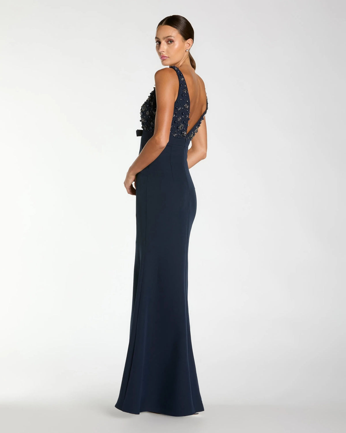 Glamorous Mermaid V-Neck Sleeveless Crystal-Embellished Bow-Waist Prom Dress