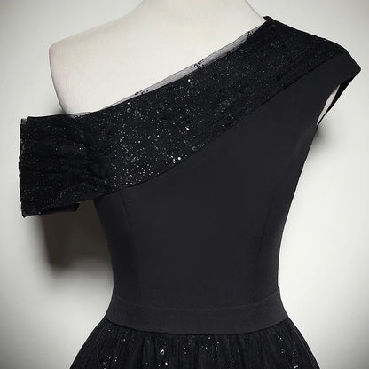 Glamorous One-Shoulder Sequin Trim Fitted Bodice Glitter Tulle A-Line Floor-Length Evening Dress