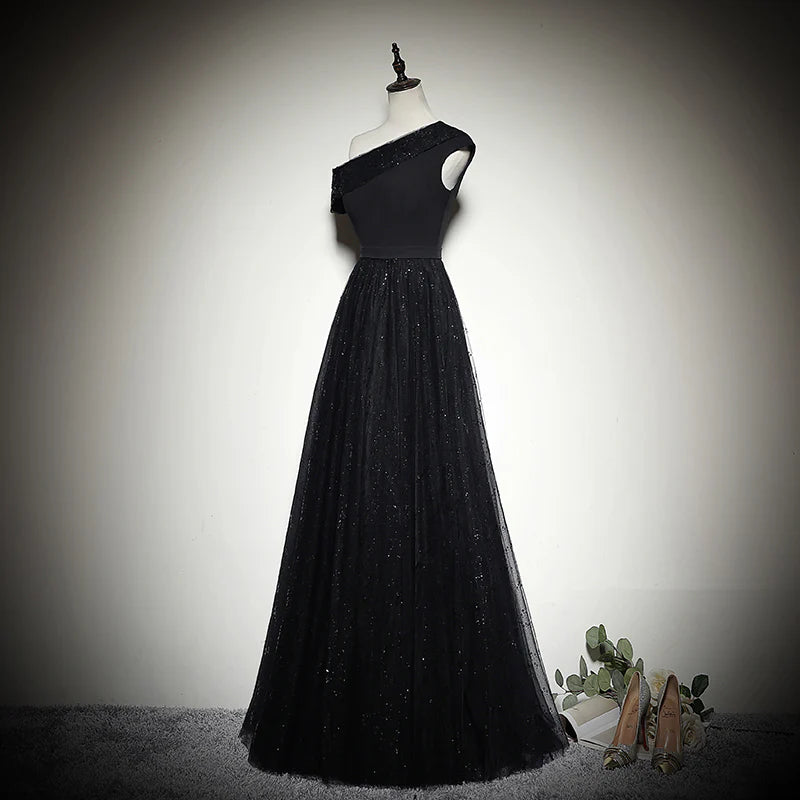 Glamorous One-Shoulder Sequin Trim Fitted Bodice Glitter Tulle A-Line Floor-Length Evening Dress