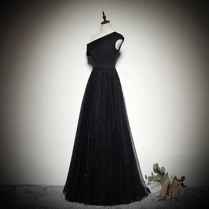 Glamorous One-Shoulder Sequin Trim Fitted Bodice Glitter Tulle A-Line Floor-Length Evening Dress