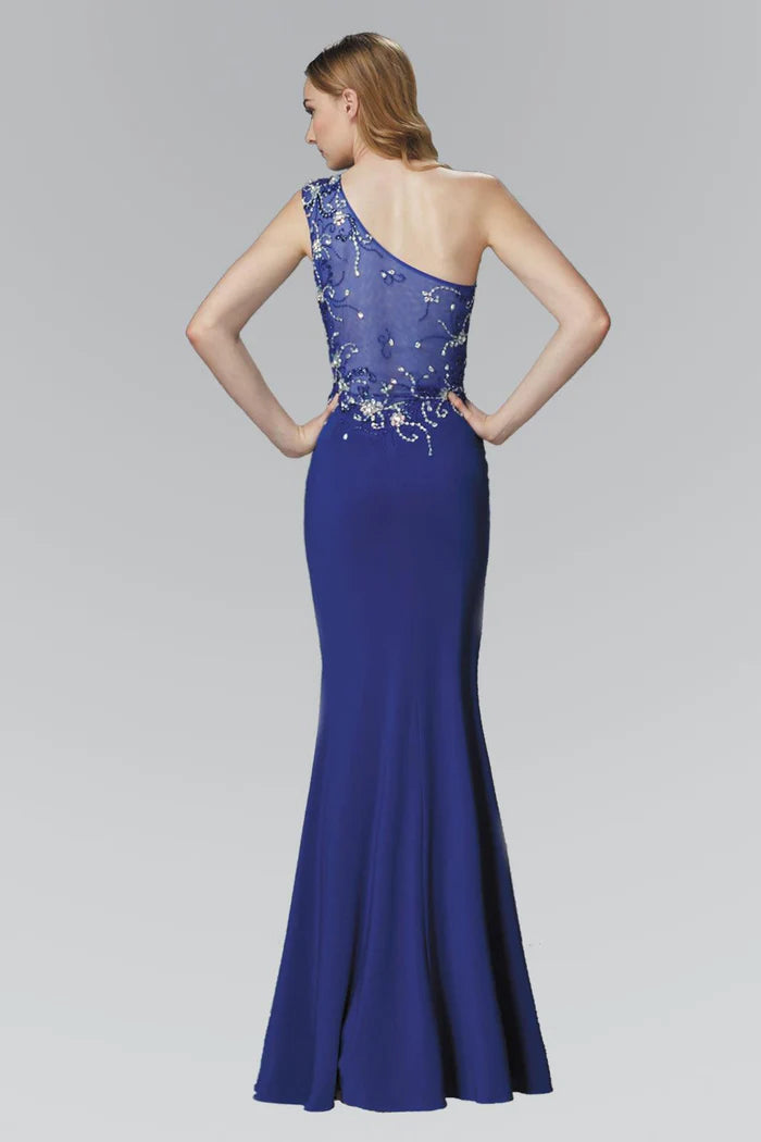 Glamorous Royal Blue One-Shoulder with Beaded Lace Applique Bodice and Mermaid Evening Dress