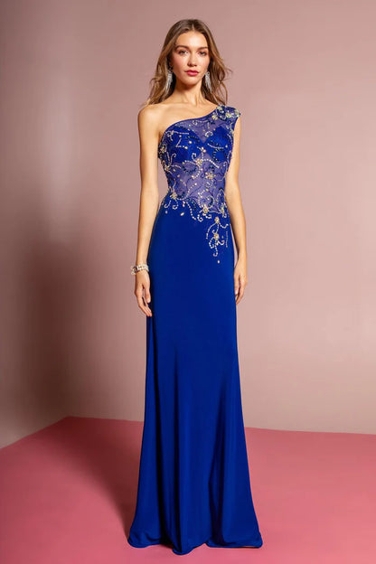 Glamorous Royal Blue One-Shoulder with Beaded Lace Applique Bodice and Mermaid Evening Dress