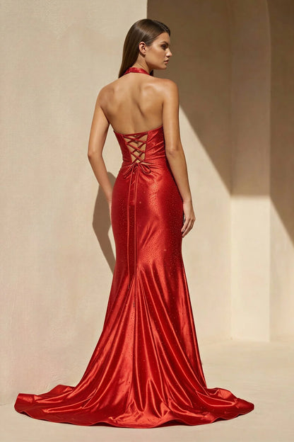 Glamorous Satin Halter Cutout Crisscross-Back Train Evening Dress