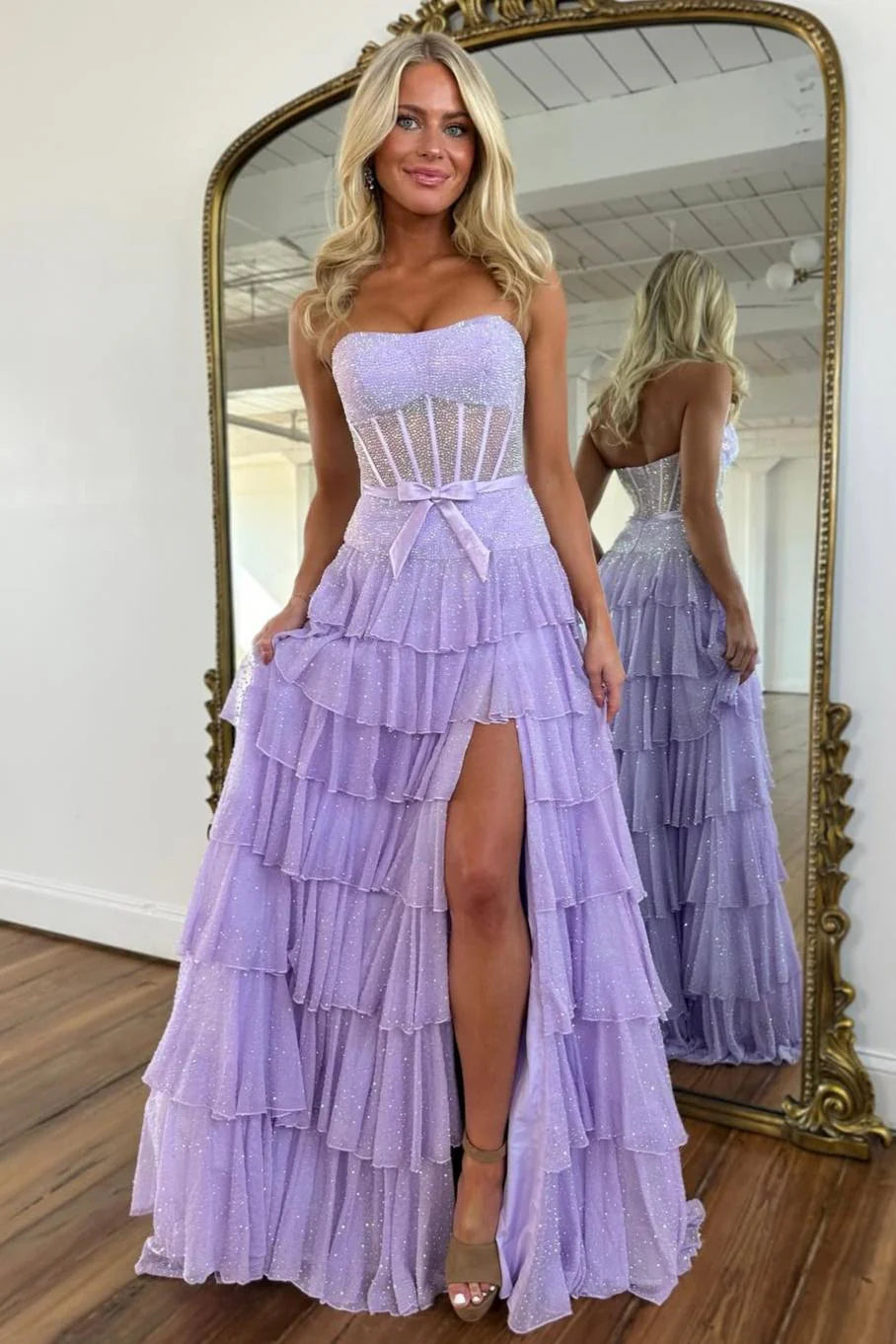 Glamorous Strapless Corset Bodice Beaded Ruffled Tulle Prom Dress with High Slit and Bow Waist