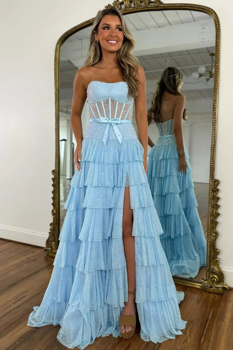 Glamorous Strapless Corset Bodice Beaded Ruffled Tulle Prom Dress with High Slit and Bow Waist