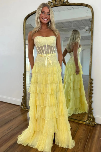Glamorous Strapless Corset Bodice Beaded Ruffled Tulle Prom Dress with High Slit and Bow Waist