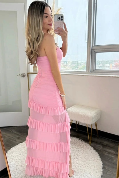 Glamorous Strapless Ruched Mesh Tiered Ruffled Maxi Prom Dress with High Slit