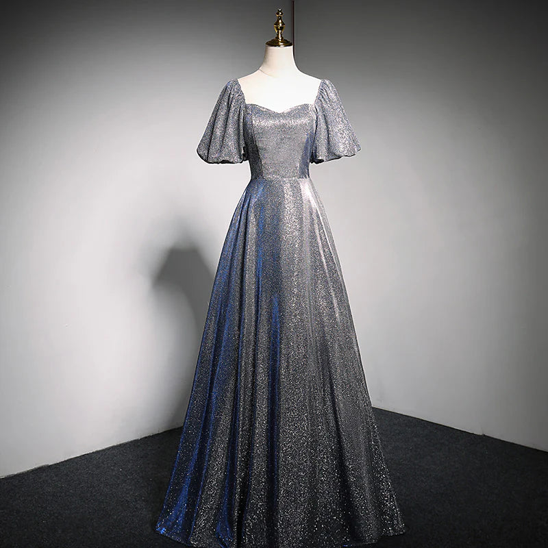 Glimmering Two-Tone Glitter A-Line Sweetheart Puff-Sleeve Back-Zip Floor-Length Evening Dress