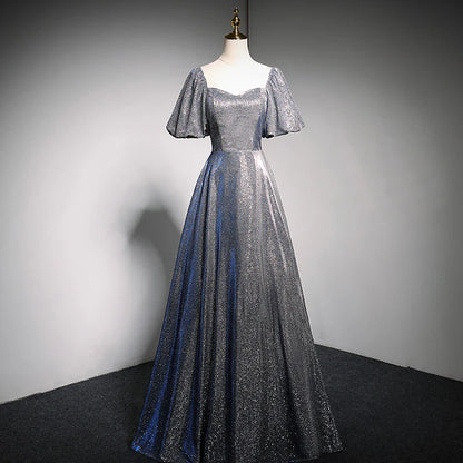 Glimmering Two-Tone Glitter A-Line Sweetheart Puff-Sleeve Back-Zip Floor-Length Evening Dress