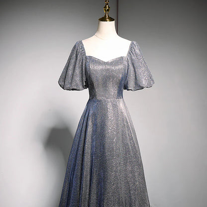 Glimmering Two-Tone Glitter A-Line Sweetheart Puff-Sleeve Back-Zip Floor-Length Evening Dress