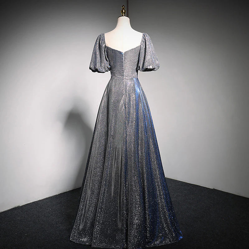 Glimmering Two-Tone Glitter A-Line Sweetheart Puff-Sleeve Back-Zip Floor-Length Evening Dress