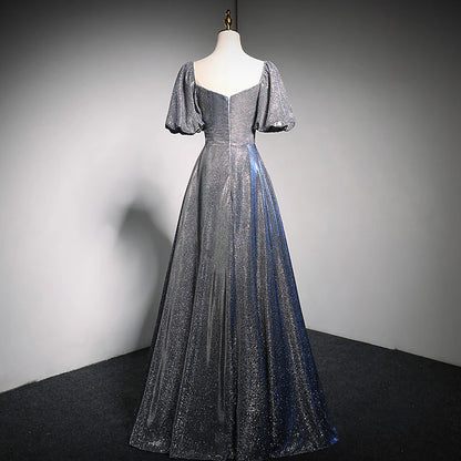 Glimmering Two-Tone Glitter A-Line Sweetheart Puff-Sleeve Back-Zip Floor-Length Evening Dress