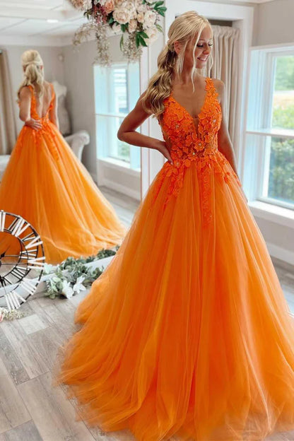 Orange Evening Gown Floor Length V-Neck Floral Tulle Long Prom Evening Dress