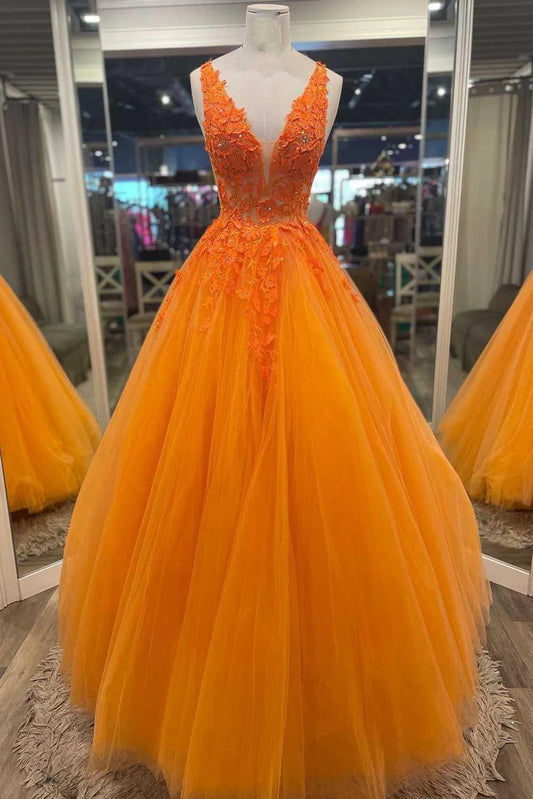 Orange Evening Gown Floor Length V-Neck Floral Tulle Long Prom Evening Dress
