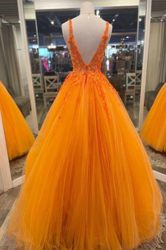 Orange Evening Gown Floor Length V-Neck Floral Tulle Long Prom Evening Dress