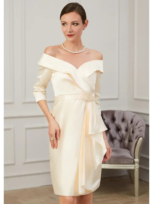 Mother of the Bride Dress Plus Size Off Shoulder Knee Length Polyester Half Sleeve with Ruffles Ruching  5 reviews