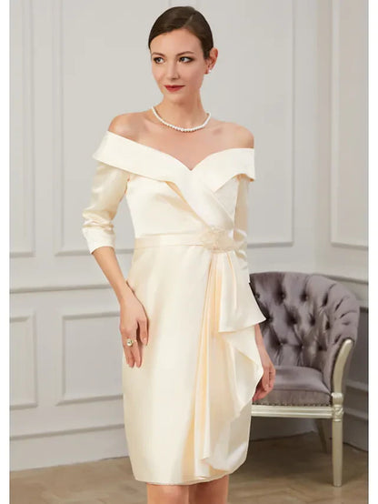 Mother of the Bride Dress Plus Size Off Shoulder Knee Length Polyester Half Sleeve with Ruffles Ruching  5 reviews