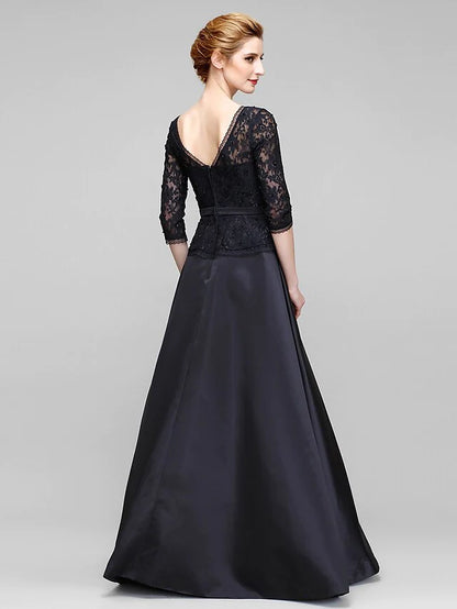 A-Line Mother of the Bride Dress Open Back V Neck Floor Length Lace Satin Half Sleeve with Lace Bow