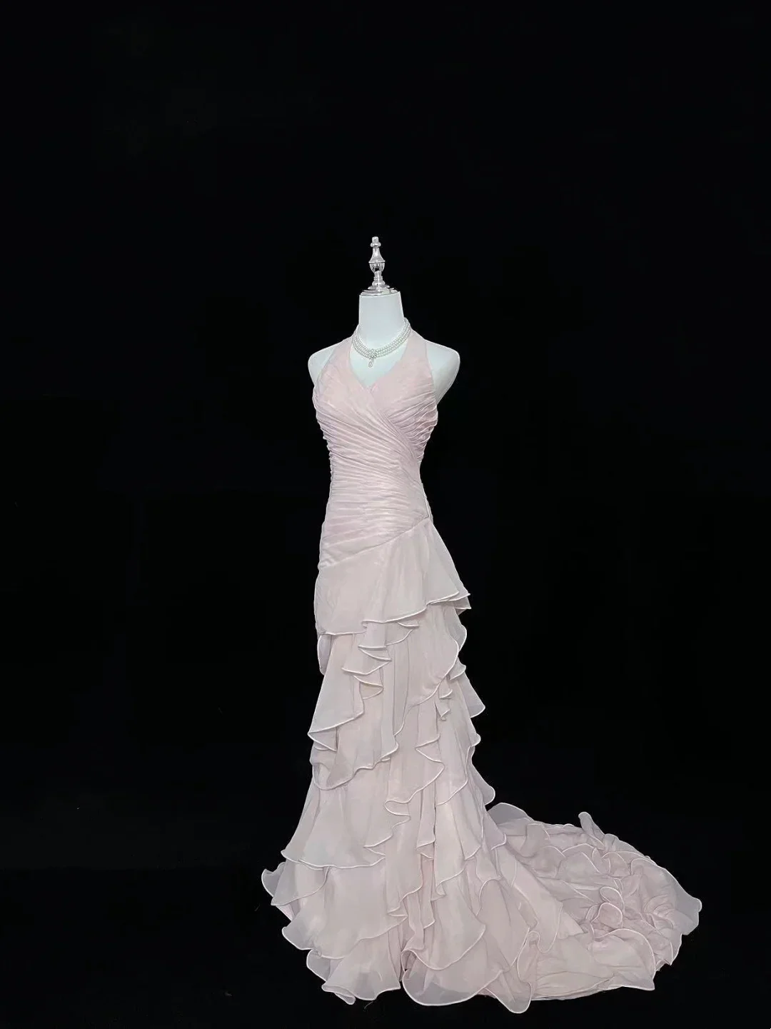 Halter Neck Ruched Chiffon Mermaid Evening Dress with Cascading Ruffles and Train