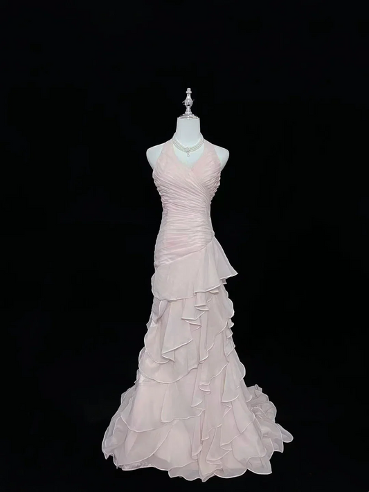 Halter Neck Ruched Chiffon Mermaid Evening Dress with Cascading Ruffles and Train