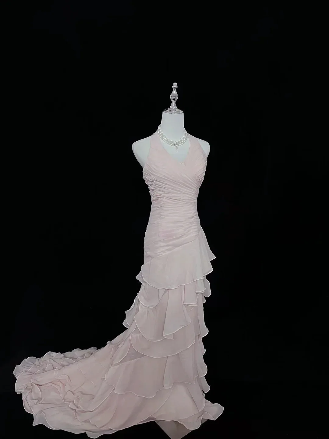 Halter Neck Ruched Chiffon Mermaid Evening Dress with Cascading Ruffles and Train
