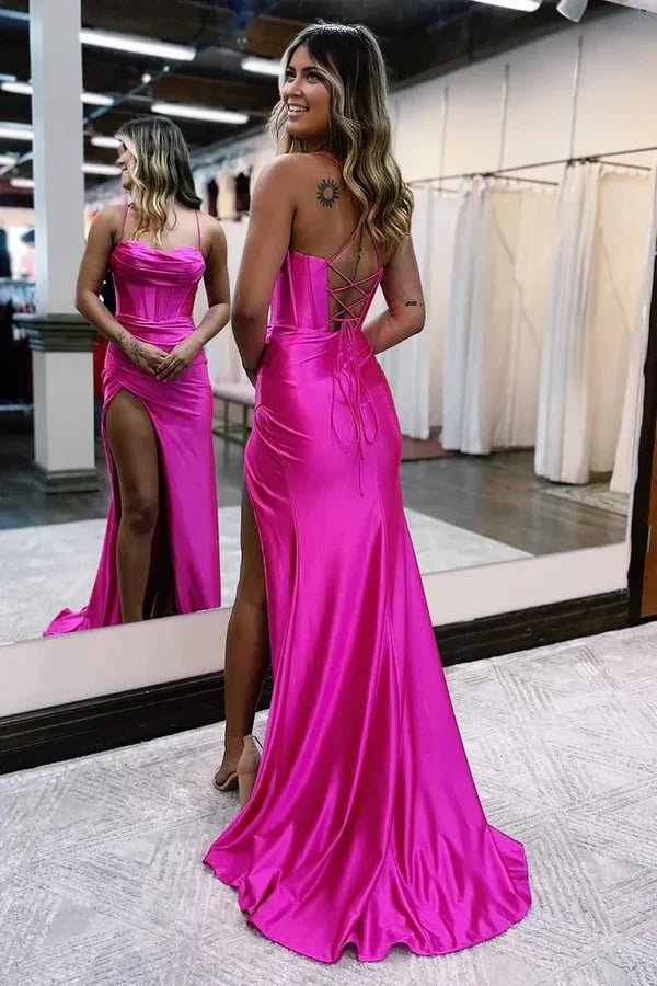 Party Dresses Formal Dresses Sheath Mermaid  Spaghetti Straps Satin Sequins Long Prom Dresses with Slit