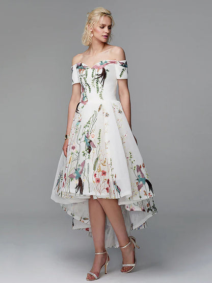 Ball Gown Elegant Floral High Low Cocktail Party Prom Valentine's Day Dress Off Shoulder Short Sleeve Asymmetrical Polyester with Embroidery