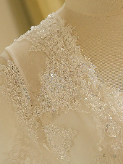 A-Line Wedding Dresses Jewel Neck Court Train Lace Long Sleeve Country Illusion Sleeve