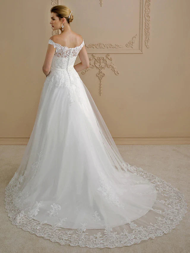 A-Line Wedding Dresses Strapless Court Train Organza Satin Strapless with Pick Up Skirt Ruched Beading