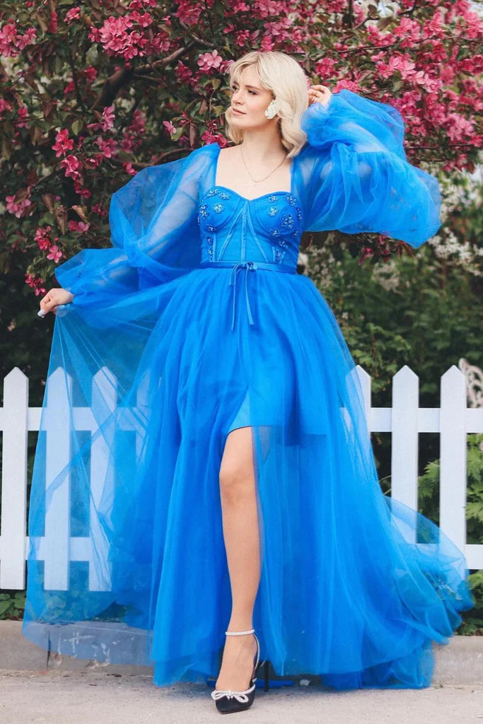 Lace Applique Illusion Sleeves Tulle Long Prom Dress with Slit